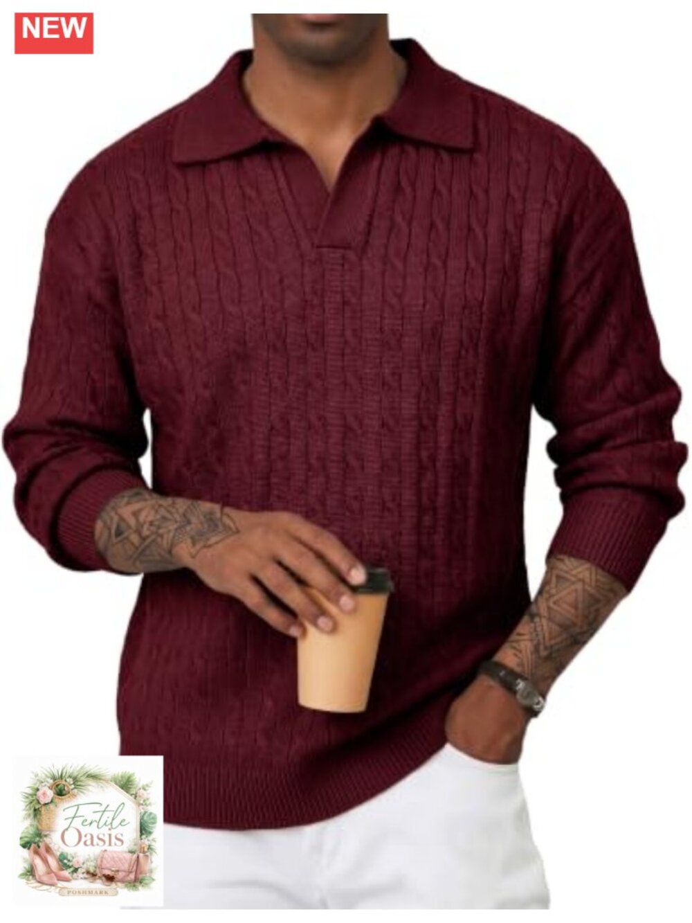 Men's Wool Blend Cable Knit Pullover Sweater Open Polo Collar